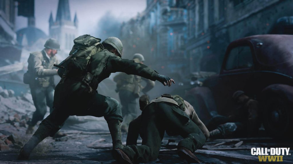Soldier helping another soldier in Call of Duty : WW2