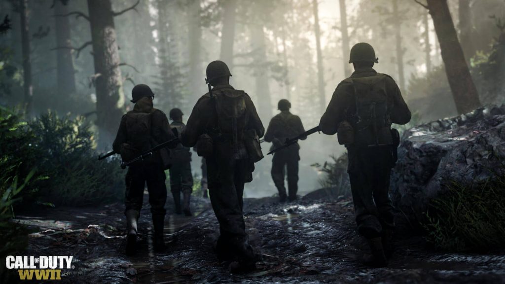 Soldiers walking in a forest in Call of Duty : WW2