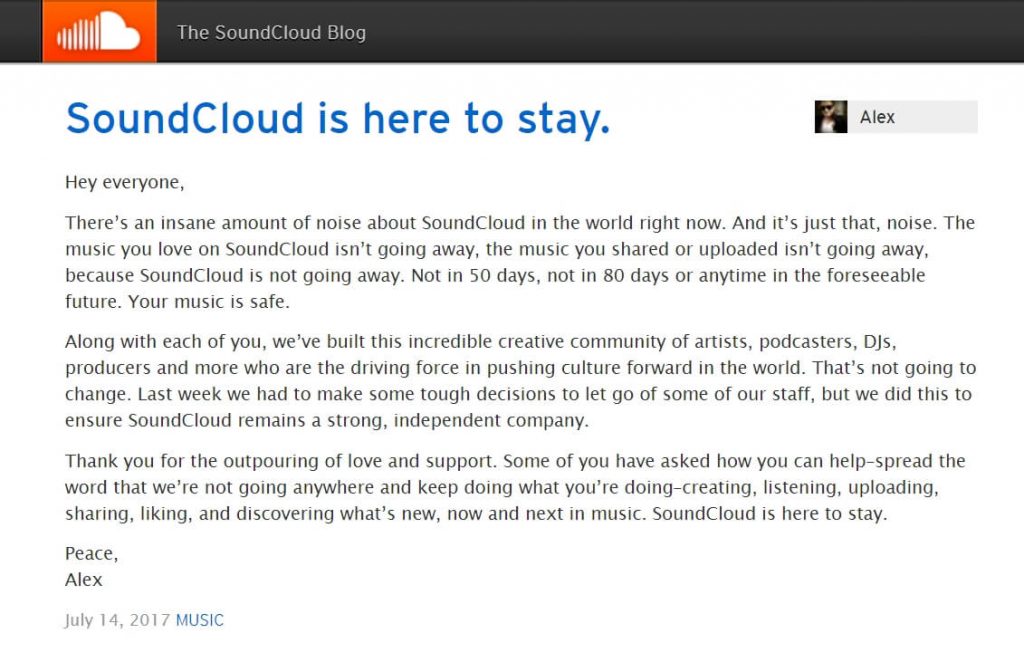 изявление от SoundCloud 14.07.2017 г. 