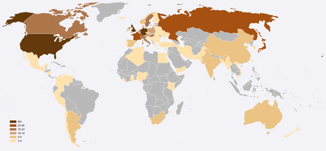 Разпределение на нобеловите лауреати по държави. Картинка: Wikipedia